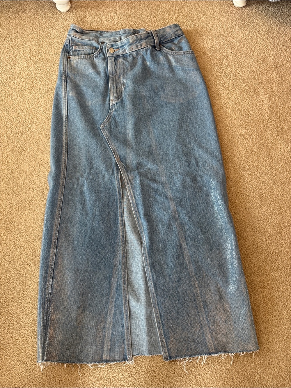 Zara Light Blue Denim Flared Maxi Skirt with Front Slit